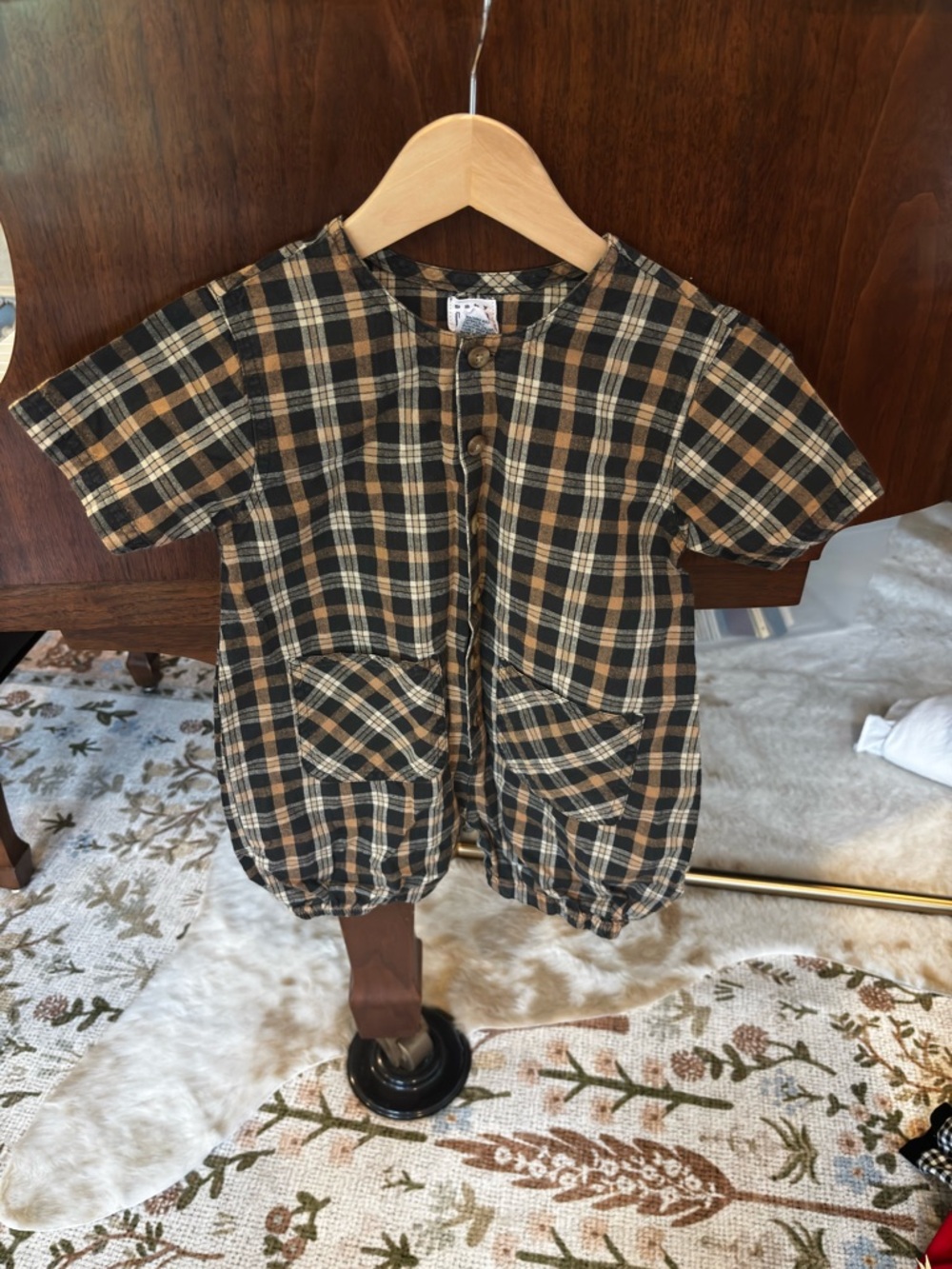 *SOLD* Vintage baby GAP Black & Tan Plaid Short-Sleeve Romper